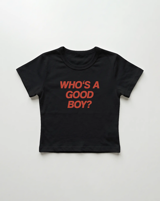 who's a good boy cropped Baby Tee Schwarz | Lolita Sinz