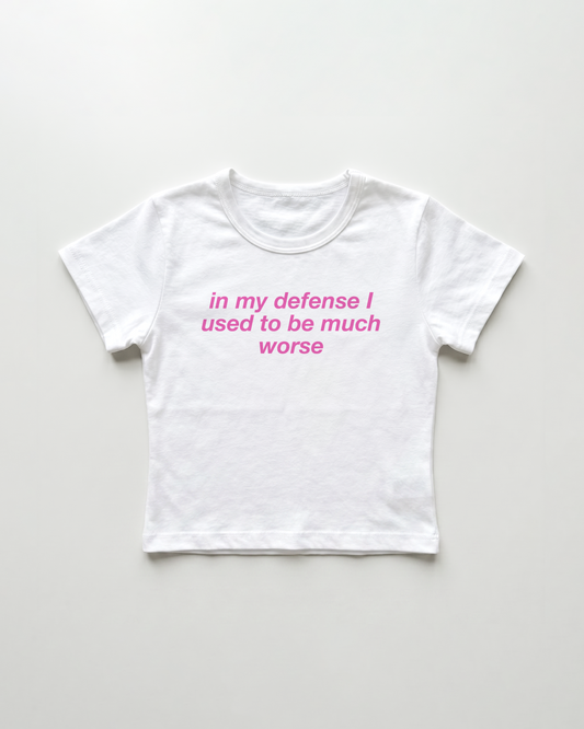 in my defense I used to be much worse cropped Baby Tee Weiss | Lolita Sinz