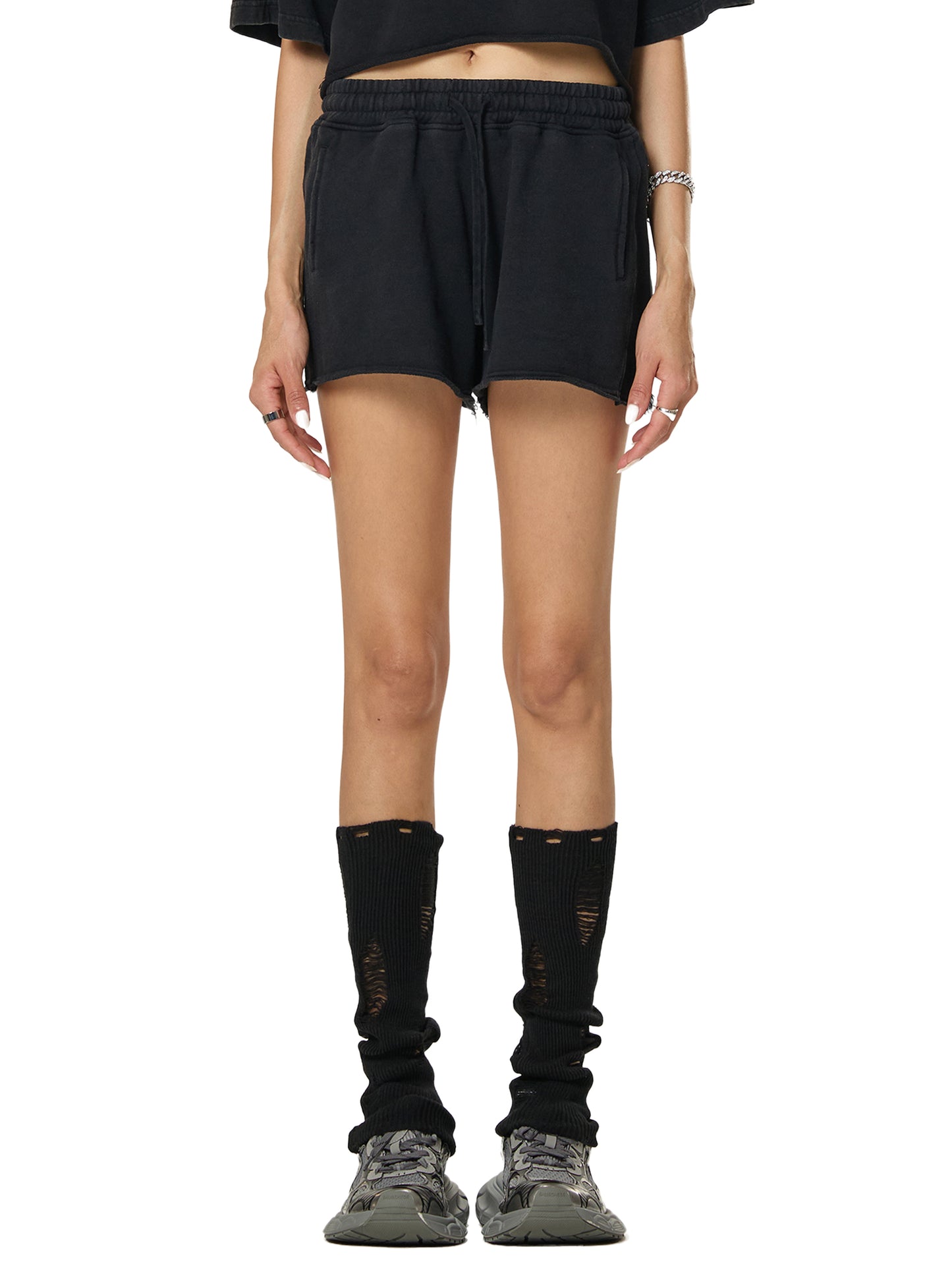 Snow Washed Raw Edge Drawstring Shorts
