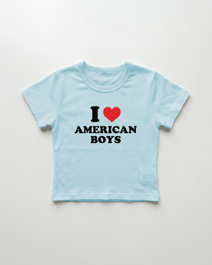 I love american boys cropped Baby Tee Blue | Lolita Sinz