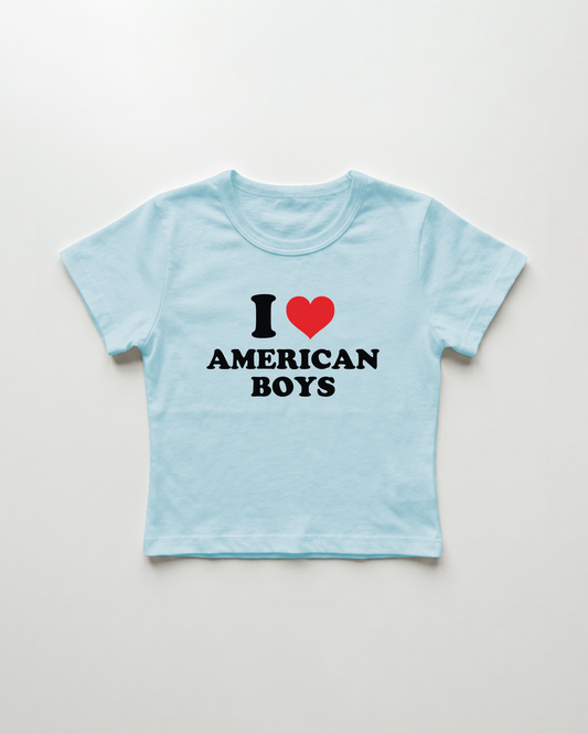 I love american boys cropped Baby Tee Blue | Lolita Sinz