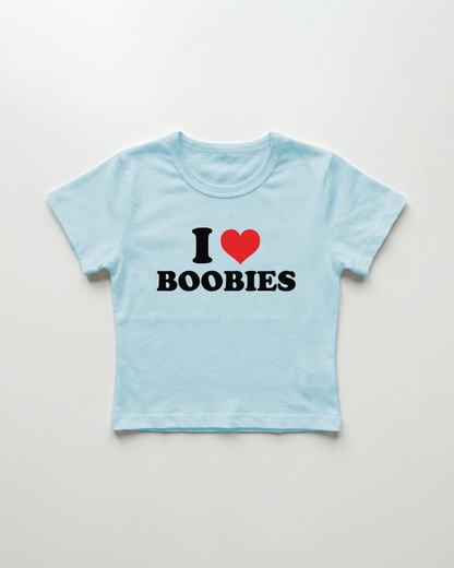 I love boobies cropped Baby Tee Blue | Lolita Sinz