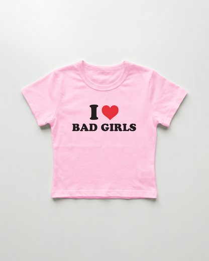 I love bad girls cropped Baby Tee Pink | Lolita Sinz