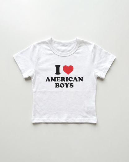 I love american boys cropped Baby Tee Weiss | Lolita Sinz