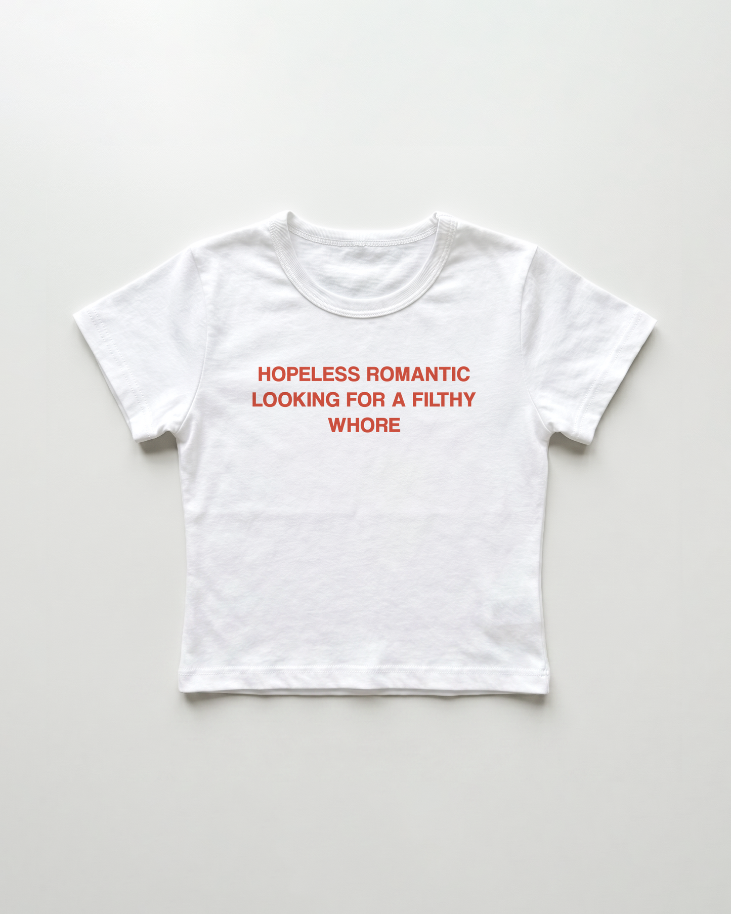 hopeless romantic looking for a filthy whore cropped Baby Tee Weiss | Lolita Sinz