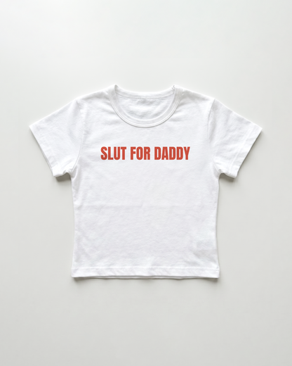 slut for daddy cropped Baby Tee Weiss | Lolita Sinz