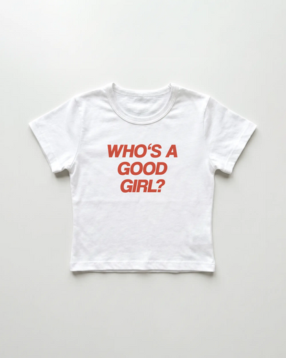 who's a good girl cropped Baby Tee Weiss | Lolita Sinz