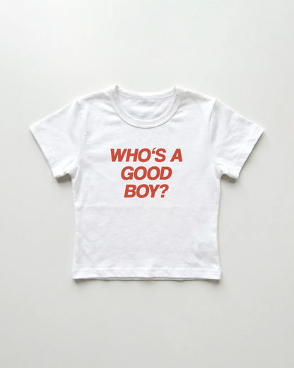 who's a good boy cropped Baby Tee Weiss | Lolita Sinz