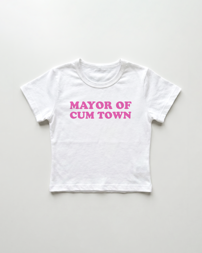 mayor of cum town cropped Baby Tee Weiss | Lolita Sinz