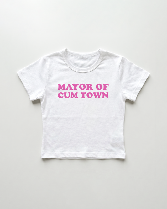 mayor of cum town cropped Baby Tee Weiss | Lolita Sinz