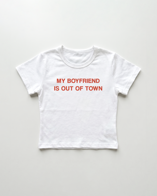 my boyfriend is out of town cropped Baby Tee Weiss | Lolita Sinz
