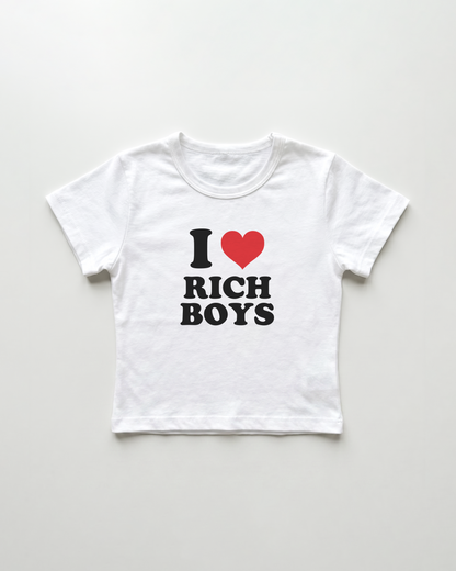 I love rich boys cropped Baby Tee Weiss | Lolita Sinz