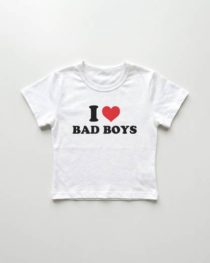 I love bad boys cropped Baby Tee Weiss | Lolita Sinz