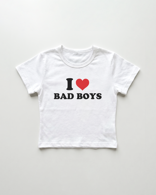 I love bad boys cropped Baby Tee Weiss | Lolita Sinz
