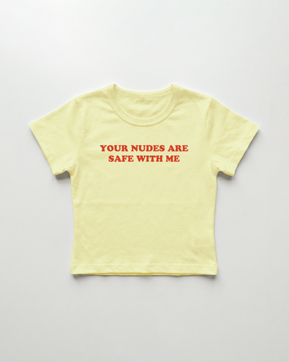 your nudes are safe with me cropped Baby Tee Gelb | Lolita Sinz